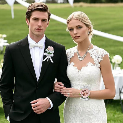 2Pcs Dust Pink Rose Corsage and Boutonniere Set, Artificial Wrist Corsage Wristlet Bracelets, Men Boutonniere for Wedding Anniversary Party Homecoming Flowers Accessories Prom Decor