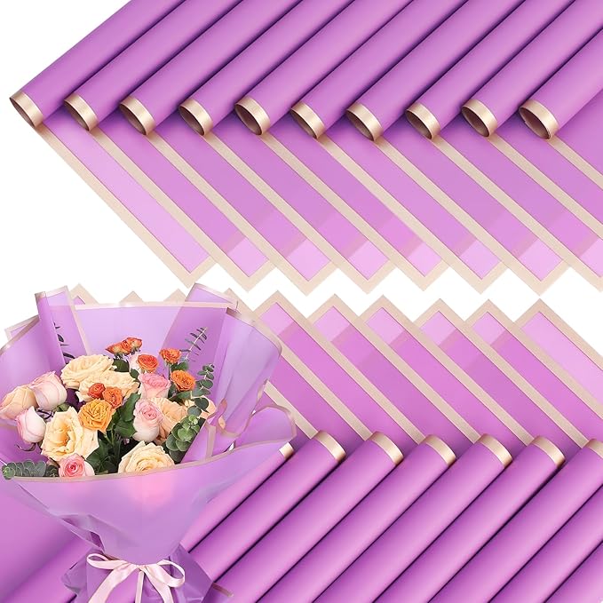FF Sgdfc 20 Sheets Gold Edge Flower Wrapping Paper Waterproof Bouquet Packaging Paper Florist Bouquet Supplies for Wedding DIY Craft Gift Packing (Light purple)