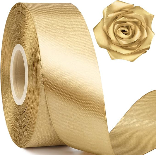 1-1/2 Inch Wide Champaign Gold Satin Ribbon, 50 Yards Solid Polyester Fabric Ribbon for Roses Making, Gift Wrapping, Christmas, Wedding Decorations, Crafts, Bows
