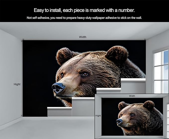 Brown Bear Wall Mural, Bear 3D Wall Murals, Wild Animal Wallpaper Mural, for Living Room Bedroom Large Wallpaper Indoor Decor 197" W x124.8 H