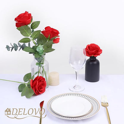 52pcs Red Roses Artificial Flowers Red Fake Flowers Silk Roses with Stems for DIY Wedding Bouquets Bridal Shower Centerpieces Arrangements Party Decorations