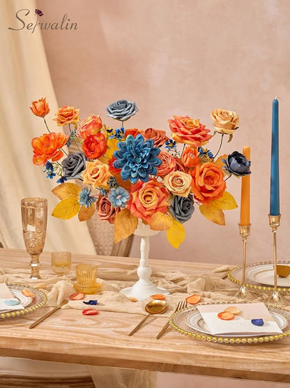 Serwalin Fall Flowers Artificial, Orange Silk Flowers with Stems, Fake Roses Blue Dahia Flower for Wedding Bouquets Bridal Baby Shower Party Arrangment Cake Floral Decoration