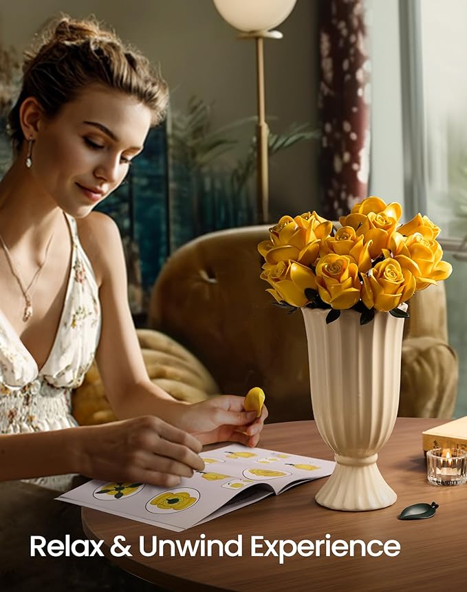 iATOM Yellow Rose Bouquet Building Set, Artificial Flowers Botanical Collection Kit for Adults, Gift for Christmas and Valentines Day, Warmming Home Office Table Centerpiece Decor - IA11019