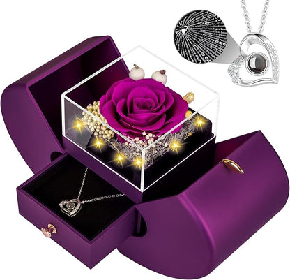 Preserved Purple Real Rose with I Love You Necklace, Eternal Flowers Rose Birthday Gifts for Women Her Mom Wife Girlfriend Grandma Christmas on Valentines Mothers Day Anniversary Romantic-Purple