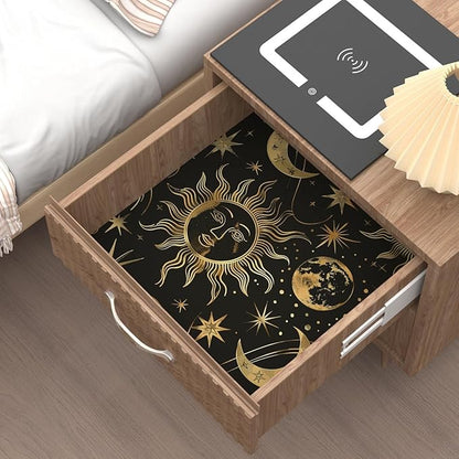 Black Peel and Stick Removable Vintage Wallpaper Gold Celestial Sun Moon Star Contact Paper 17.5" x 118" Dark Boho Mural Waterproof for Wall Bedroom Kitchen Bathroom Cabinet Room Decor