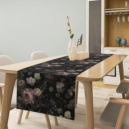 Vintage Floral Table Runner, Black Pink Flower Rose Gothic Garden with Beautiful Blooming Roses Print Table Runner for Home Kitchen Dinning Table Indoor Outdoor Holiday, 13x36inch