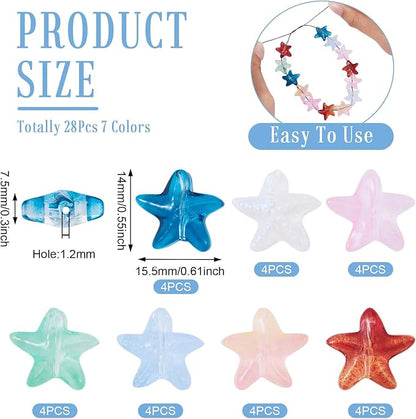 28Pcs 14mm Glass Star Beads Colorful Crystal Star Beads Ocean Animal Starfish Spacer Bead Five-Pointed Pentagram Bead for DIY Crafts Earring Lanyard Necklace Bracelet Jewelry Making