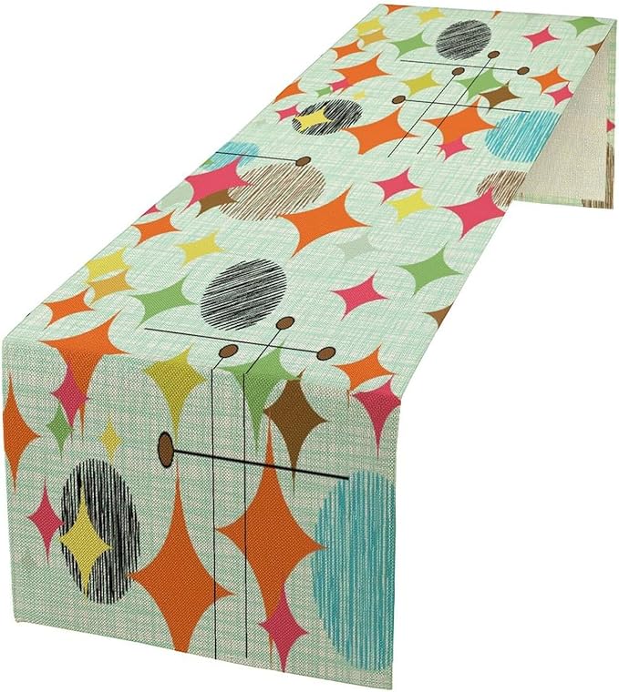 Mid Century Table Runner,Abstract Retro Modern Geometric Colorful Stripe Pattern Print Tablecloth Burlap for Hotel Indoors Outdoor Dining Room Kitchen Holiday Party, 13x108in