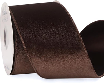 Ribbli Dark Brown Velvet Wired Ribbon 4 Inch Velvet with Satin Christmas Ribbon for Gift Wrapping Christmas Tree Decoration Crafts Wreaths Supplies-Continuous 10 Yards