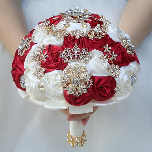 Handmade Satin Rose Floral Bling Pearl Decor Bridal Wedding Bouquet Rhinestone Pendant Artificial Brooch Flowers for Bride Bridesmaid Quinceanera