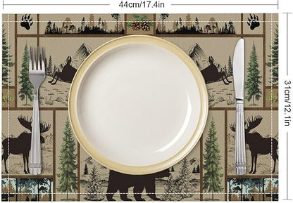 Rustic Cabin Placemats Forest Bear Deer Wildlife Hunting Camping Art Printed Dining Table Mats Set of 4 for Home Kitchen Holiday Picnic Party Decor 12x18in