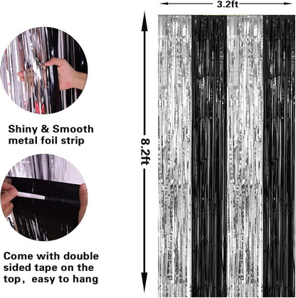 2 Pack 3.2 x 8.2 ft Black and Silver Foil Fringe Curtains Party Decorations, Sparkle Tinsel Curtain Photo Backdrop for Birthday Wedding Graduation Stream