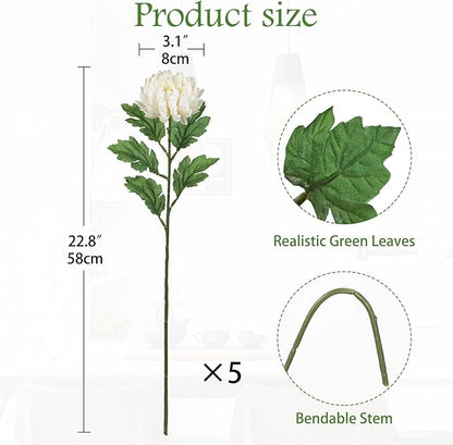 Hollyone 5Pcs Fake Mums Flowers White Artificial Chrysanthemum Flowers Silk 22.8inch Long Stem Floral Arrangements Bouquets Faux Spider Mum Flower Pincushion Flower Bush Spring Home Decor