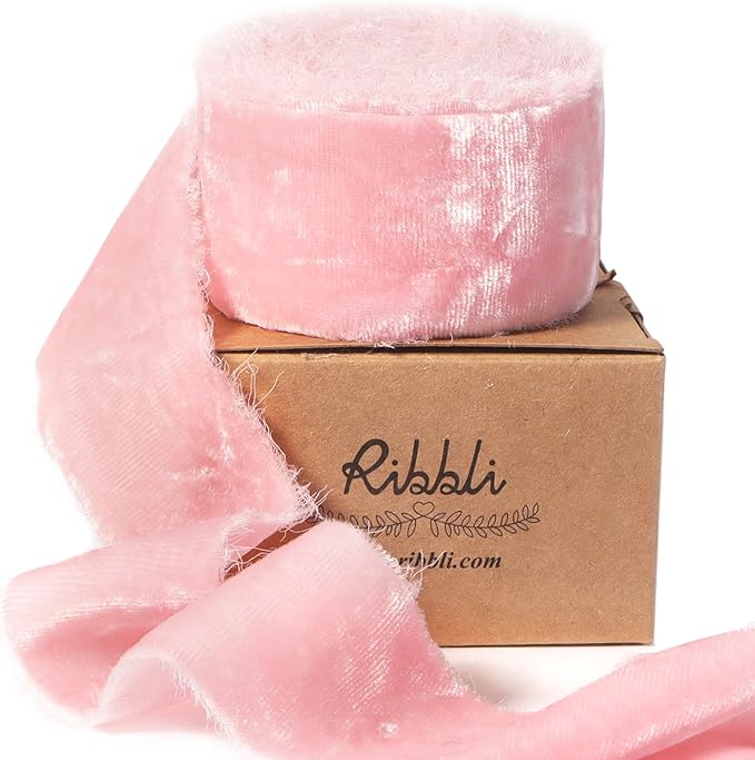 Ribbli Pink Velvet Ribbon 1.5 Inch Handmade Frayed Vintage Christmas Ribbon for Gift Wrapping Christmas Tree Ornament Wreath Craft Home Decor -3 Yards