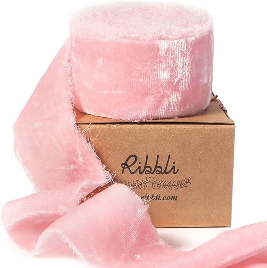 Ribbli Pink Velvet Ribbon 1.5 Inch Handmade Frayed Vintage Christmas Ribbon for Gift Wrapping Christmas Tree Ornament Wreath Craft Home Decor -3 Yards