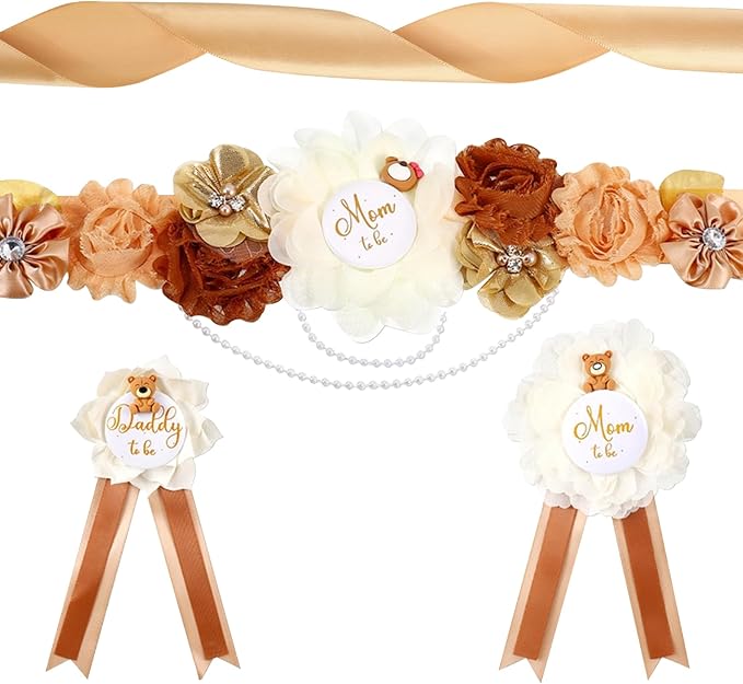 INSYOHO We Can Bearly Wait Baby Shower Decorations - Adjustable Teddy Bear Theme Maternity Belt with Colorful Flowers Baby Shower Decorations, Gender Reveal Party Supplies for Mom to Be