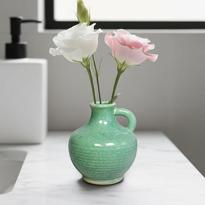 Sunddo Green Ceramic Vase for Centerpieces - 6 Inch Modern Decorative Vase with Handle, Small Pitcher Vases for Home Decor, Living Room Kitchen Bedroom Entryway Mantel Shelf Decor