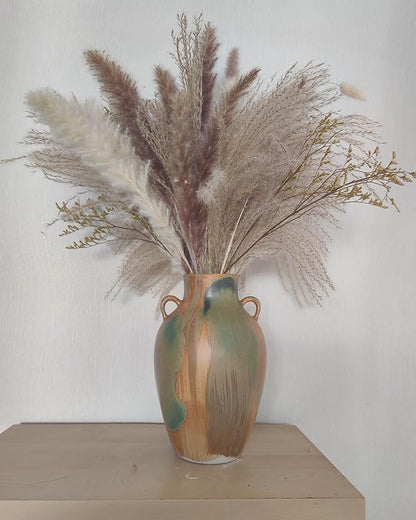 Terracotta Pottery - 10" Unique Decorative Farmhouse Vase with Handle, Green Glazed Earth Yellow Boho Neutral vase Home Decor, Vintage Ceramic Flower vases for Living Room, Kitchen Decor