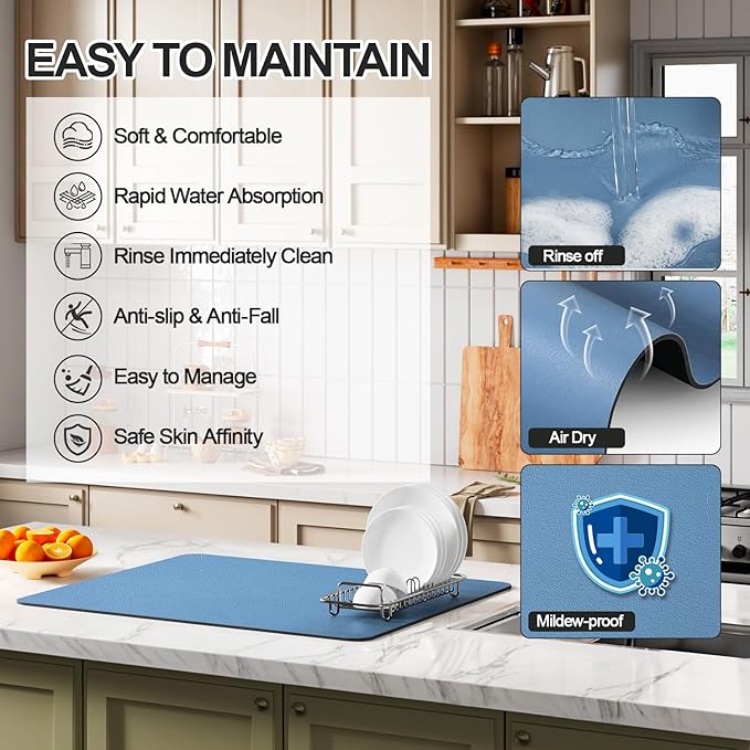 Dish Drying Mat for Kitchen Counter | Coffee Bar Mat for Countertops | Heat Resistant Drainer Mat with Non-slip Rubber Backed | Hide Stain Kitchen Absorbent Draining Mat | Blue 16"x18"