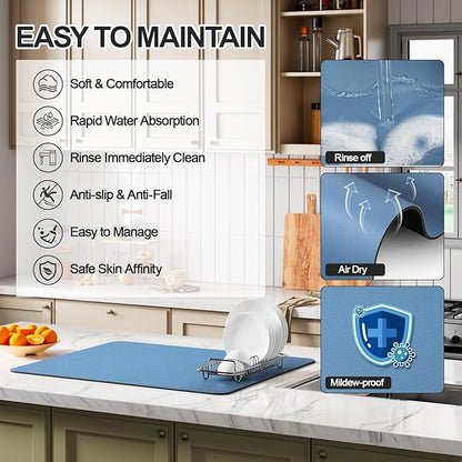 Dish Drying Mat for Kitchen Counter | Coffee Bar Mat for Countertops | Heat Resistant Drainer Mat with Non-slip Rubber Backed | Hide Stain Kitchen Absorbent Draining Mat | Blue 16"x18"
