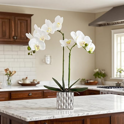 LISU Artificial Orchids, Silver Vases, Home Decoration Flower Arrangements, Fake Flowers in Vases. (C:White)