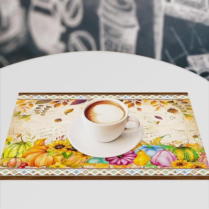 Fall Pumpkin Kitchen Placemats Vintage Rustic Farmhouse Aztec Pumpkins Maple Leaves Sunflowers Harvest Thanksgiving Placemats Table Kitchen Dining Party 12x18 Inch Set of 4