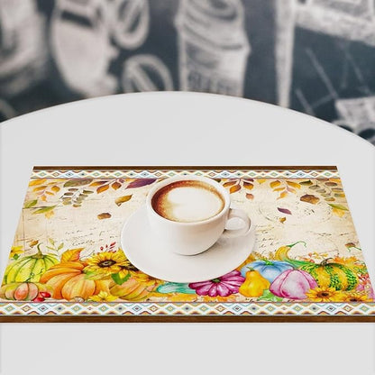 Fall Pumpkin Kitchen Placemats Vintage Rustic Farmhouse Aztec Pumpkins Maple Leaves Sunflowers Harvest Thanksgiving Placemats Table Kitchen Dining Party 12x18 Inch Set of 4