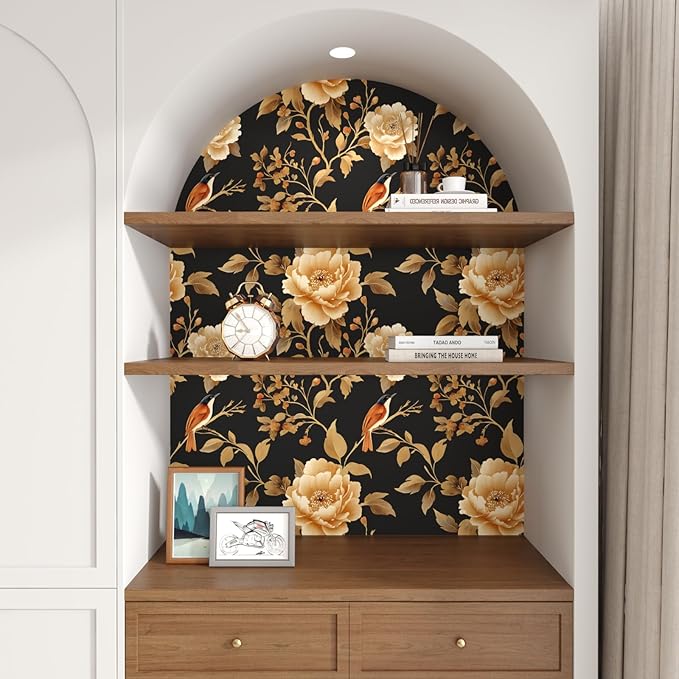 Vintage Floral Bird Wallpaper Peel and Stick Boho Wallpaper 17.5in x393in Black/Golden Floral Wall Mural Waterproof Self-Adhesive Modern Wall Paper for Bedroom Kitchen Cabinet Drawer Decor