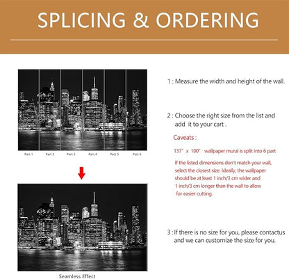 Black City Wallpaper Peel and Stick New York Night Scene Self Adhesive Wall Mural for Living Room Bedroom 137"x100"