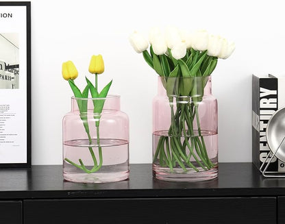 Large Glass Vase, Pink Glass Vase Set of 2, Large Flower Vases for Bouquet, Tall Wide Mouth Vases for Flowers, Home, Wedding, Living Room, Office Decor, 7"+9"