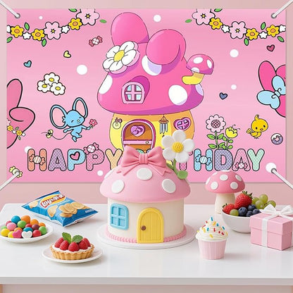 3x5ft Cartoon Pink Birthday Backdrop, Happy Birthday Decoration Background, Cute Cartoon Rabbit Theme Party Supplies Outdoor Indoor Photo Banner