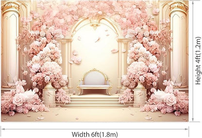 AOFOTO 6x4ft Wedding Backdrop Palace Hall Wall Spring Pink Flower Arch Background for Photography Bridal Shower Valentine's Day Prom Decoration Banner Girl Portrait Photo Booth Backdrop
