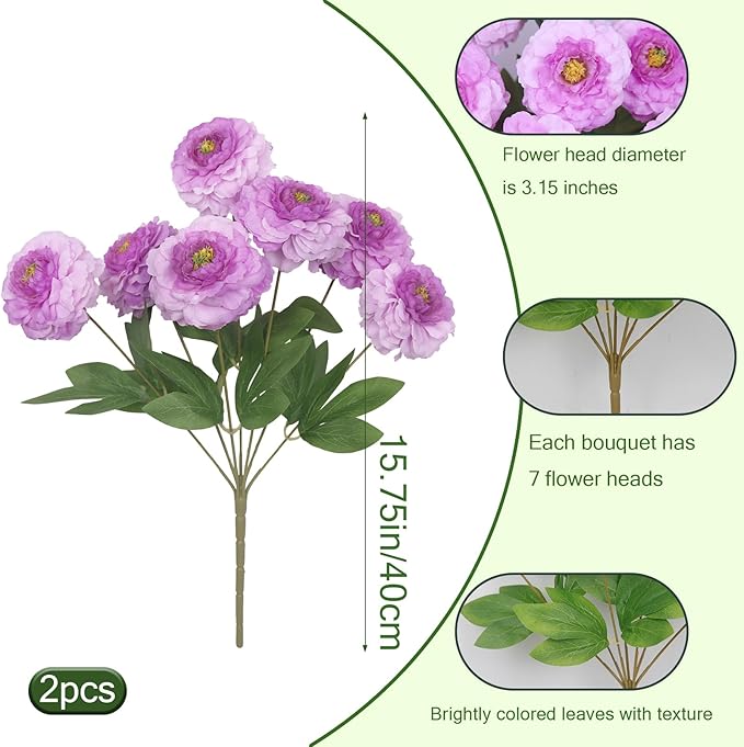 2 Pcs Artificial Flowers Spring Summer Outdoor Flowers Purple Zinnias Silk Flowers with Stems Zinnia Elegans Artificial Zinnias for Outdoors Floral Arrangements Table Centerpieces Wedding Decor