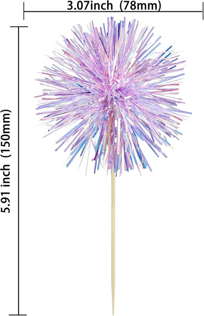Gyufise 30Pcs Foil Firework Cupcake Toppers Sparkle Tinsel Cake Toppers Tinsel Drink Cake Decoration Cocktail Picks for Birthday Wedding Graduation Party Supplies Laser Purple