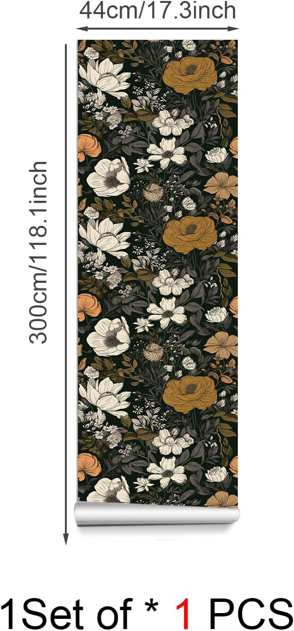 17.3"x118" Vintage Wallpaper Boho Peel and Stick Dark Floral Wall Paper Contact Paper Wildflowers Botanical Papers Removable Renter Friendly Wallpaper