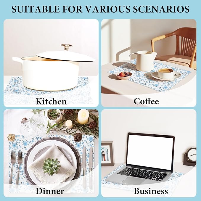 Cotton Linen Waterproof Placemats Set of 4, Blue Floral Dining Mat Table Mats Decor Fabric for Kitchen Dinner Coffee Shop Table, Outdoor/Indoor Washable Wipeable Placemat -N030