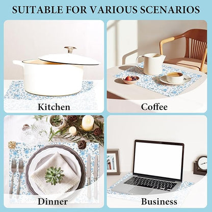 Cotton Linen Waterproof Placemats Set of 4, Blue Floral Dining Mat Table Mats Decor Fabric for Kitchen Dinner Coffee Shop Table, Outdoor/Indoor Washable Wipeable Placemat -N030