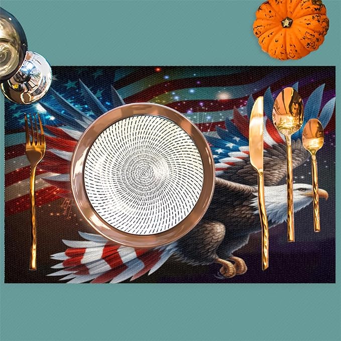 Independence Day Bald Eagles Flag Placemats Set of 4 PVC Vinyl Non Slip Table Mats Waterproof Heat Resistant Place Mats Washable Wipeable Dining Table Mat for Kitchen Party Indoor Outdoor Decorative