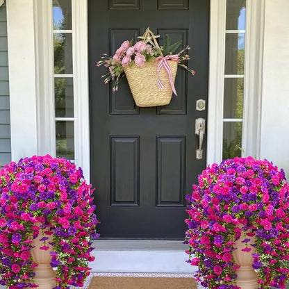 4PCS Artificial Hanging Flowers for Outdoor Decor UV Resistant Fake Morning Glory Realistic Silk Spring Summer Hanging Plants for Porch Patio Balcony Yard (Double Purple)