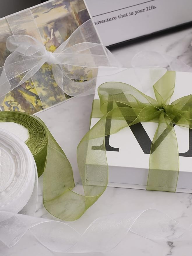 Sage Green Organza Ribbon for Gift Wrapping, FAKILO 2 Inch Shimmer Sheer Wrapping Ribbon for Bouquet, Wedding, Christmas Gift - 50 Yards Each Roll