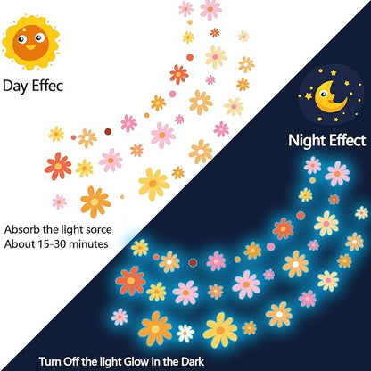 Glow in The Dark Big Daisy Wall Decals，Glowing Luminous Daisy Wall Stickers Colorful Removable self-Adhesive Flower Decals for Girls Bedroom Kids Baby Nursery Living Room Decoration