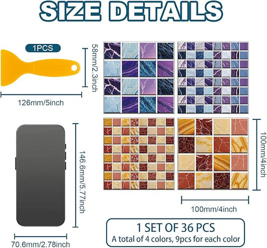 CHGCRAFT 36 Pcs 4 Style Wall Stickers 3D Effect Peel and Stick Wall Tile Sticker Various Mosaic Style Waterproof Self Adhesive Stick on Tile Decals for Kitchen Bathroom Art Decor, 4×4 Inch