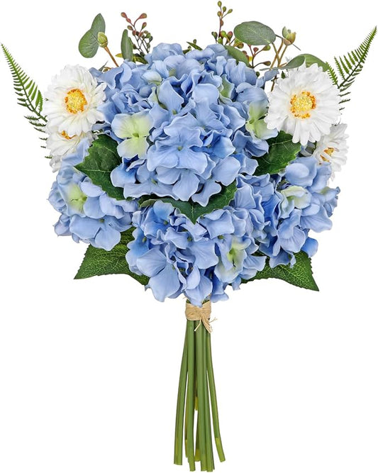 Hydrangea Artificial Flowers 12PCS Blue Fake Flowers Faux Hydrangea Daisies Silk Arrangements Realistic Faux Flowers for Vase Floral Centerpiece Arrangements Wedding Bridal Bouquet Party Home Decor