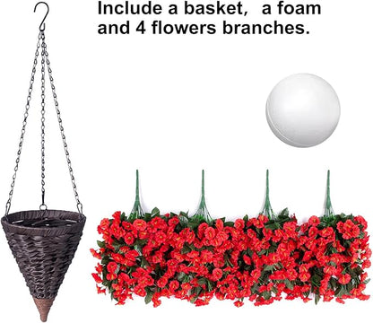 HyeFlora Artificial Fake Red Hanging Flowers Plants Baskets for Outdoor Winter Christmas, Faux Silk UV Resistant Look Real Morning Glory Vines for Outside Porch Patio Balcony Garden Yard Home Decor