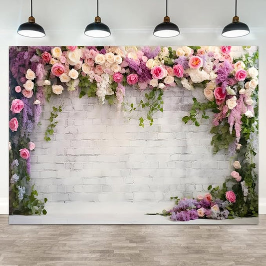 15x10ft Retro White Brick Wall Floral Backdrop Vine Leaves Rose Flowers Photography Background Bridal Shower Wedding Party Birthday Banner Decorations Adults Portrait Photo Booth Prop