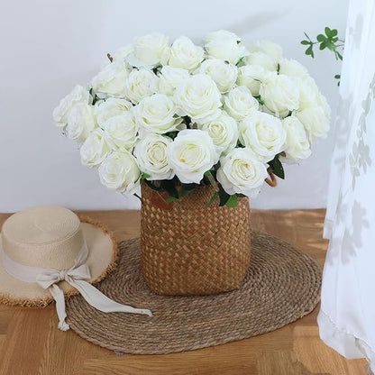 Hawesome Fake Roses Artificial Silk Flowers - 12 Pcs White Roses Artificial Faux Flowers with Stems for Home Wedding Centerpiece Hotel Office Decor