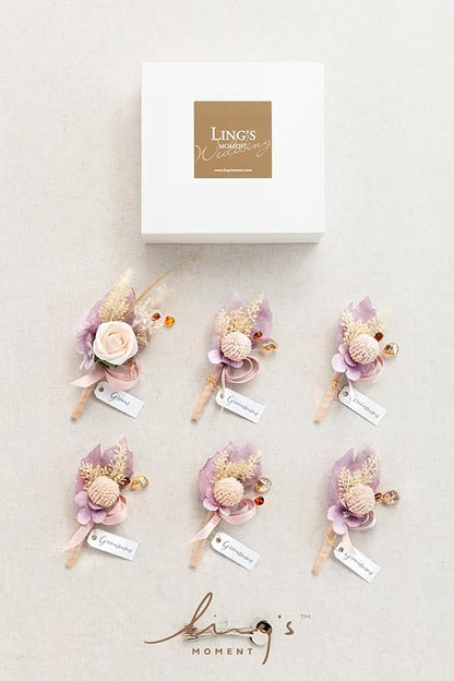 Ling's moment Boutonniere for Men, 6pcs Groom Groomsmen Boutonniere, Artificial Flowers for Wedding Decor/Prom/Homecoming, etc.Purple Lilac Boho