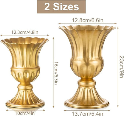 Sziqiqi Gold Flower Arrangements Vase for Wedding Table Centerpiece - 9in Metal Planter Vase Pot for Artificial Real Flower Small Trumpet Plant Urn for Garden