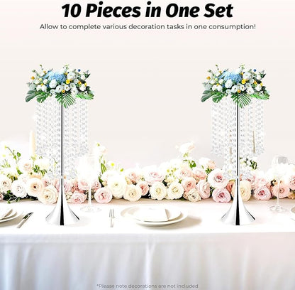10 Pack 21.9"/55.6cm Tall Crystal Beaded Flower Stands, Metal Wedding Centerpiece Vases for Table/Aisle Decor - Reusable Event Centerpieces for Home, Party, Hotel (Silver)
