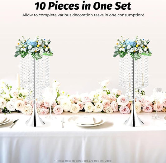 10 Pack 21.9"/55.6cm Tall Crystal Beaded Flower Stands, Metal Wedding Centerpiece Vases for Table/Aisle Decor - Reusable Event Centerpieces for Home, Party, Hotel (Silver)